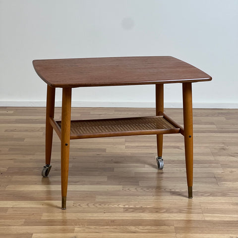 Sofa table in teak, with rattan shelf, 1960s