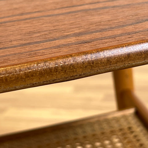 Sofa table in teak, with rattan shelf, 1960s