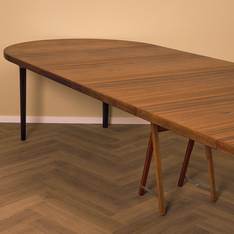 Rare Danish round dining table with 6 extensions in walnut