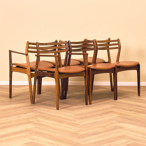 Danska matstolar i Santos rosenträ av P.E. Jorgensen för Farsø Möbelfabrik