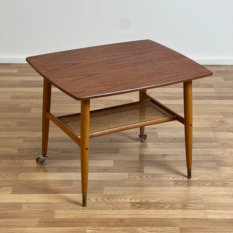 Sofa table in teak, with rattan shelf, 1960s