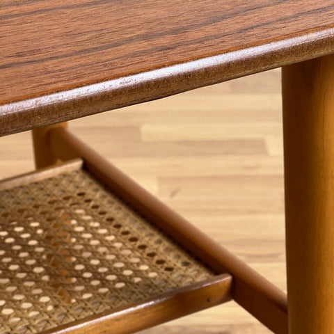 Sofa table in teak, with rattan shelf, 1960s