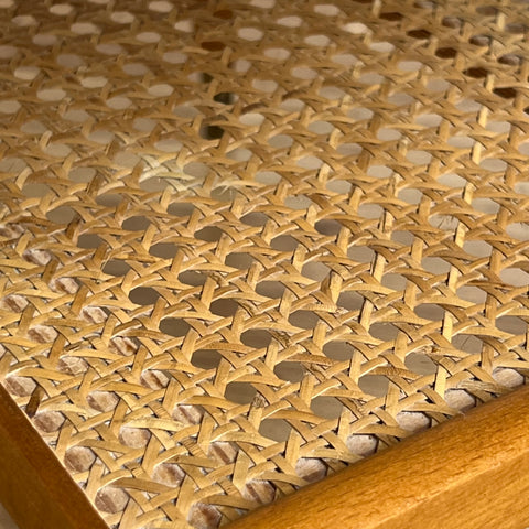 Sofa table in teak, with rattan shelf, 1960s