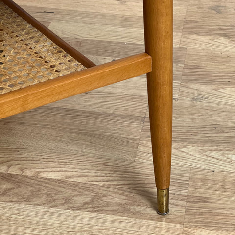 Sofa table in teak, with rattan shelf, 1960s