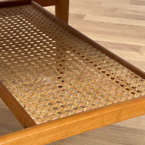 Sofa table in teak, with rattan shelf, 1960s