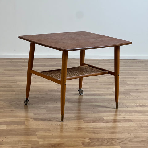 Sofa table in teak, with rattan shelf, 1960s