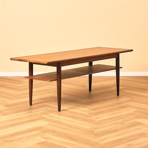 Danish Teak Coffee Table with Shelf and Walnut Legs