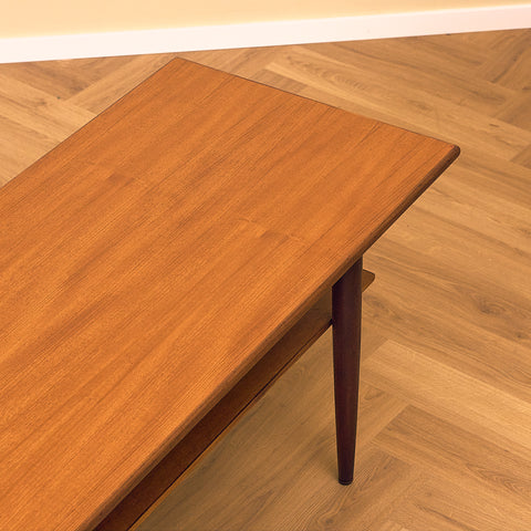 Danish Teak Coffee Table with Shelf and Walnut Legs