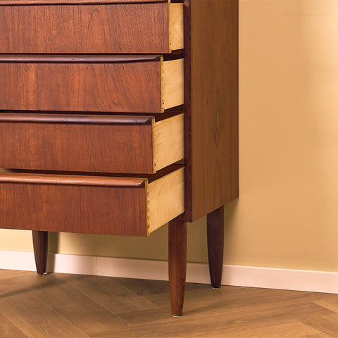 Danish Dark Teak Chest of Drawers with Walnut Legs