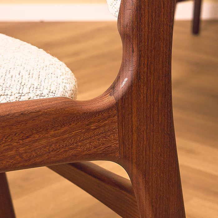 Erik Buch Model 89 Dining Chair in Walnut and Bouclé, light scuff at the curve of the rear leg