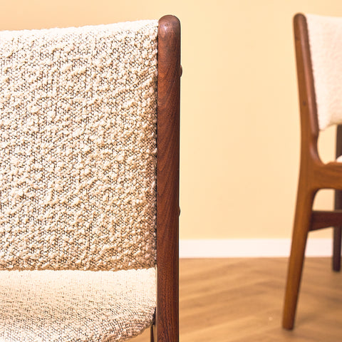 Erik Buch Model 89 Dining Chair in Walnut and Bouclé, close-up of the bouclé backrest