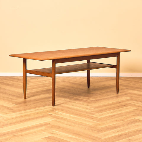 Danish Teak Coffee Table with Lower Shelf, three-quarter view
