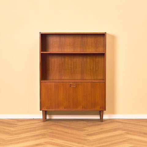 Teak Bookshelf with Drop-front Cabinet