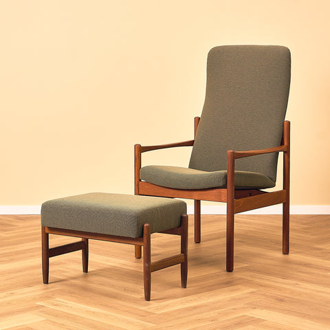 Danish armchair with stool in teak and walnut