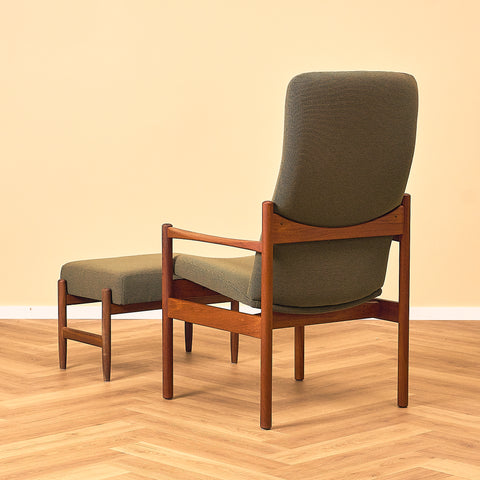 Danish armchair with stool in teak and walnut