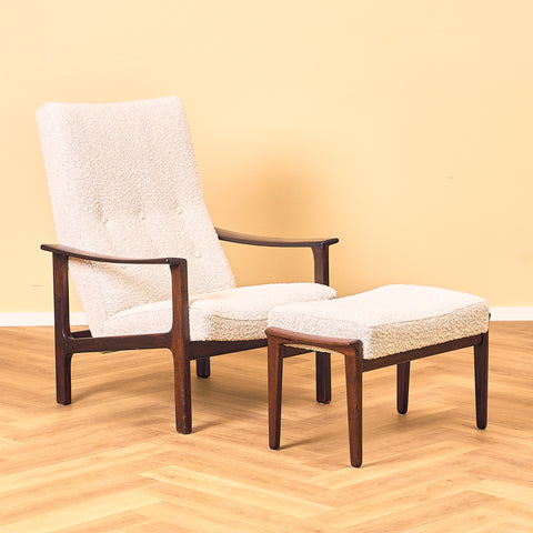 Swedish armchair with stool in stained teak by Bröderna Andersson, Ekenässjön