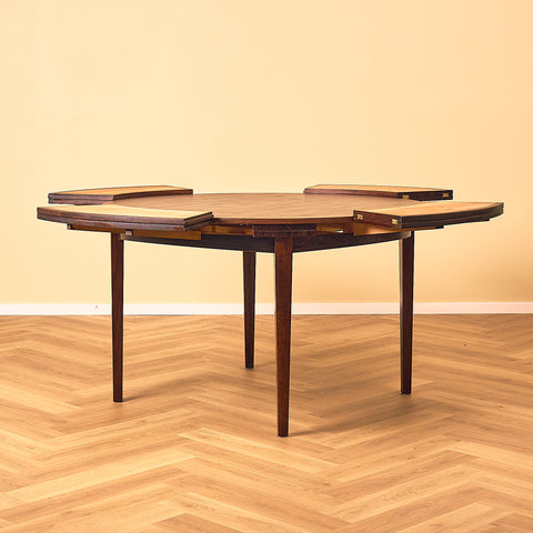 Danish round dining table in Santos rosewood, model 'Flip-Flap' by Dyrlund