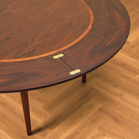 Danish round dining table in Santos rosewood, model 'Flip-Flap' by Dyrlund