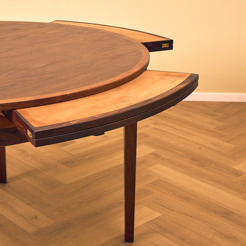 Danish round dining table in Santos rosewood, model 'Flip-Flap' by Dyrlund