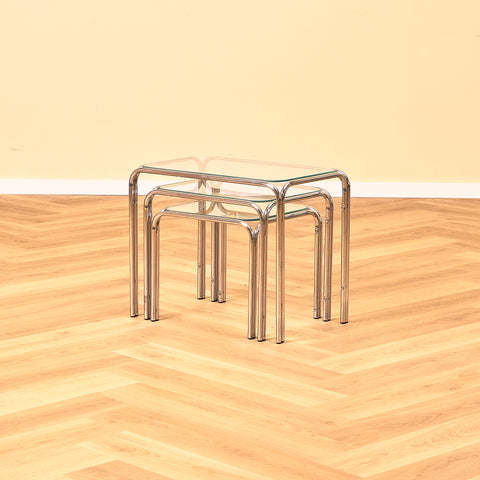 Mid-century set of nest of tables in chrome