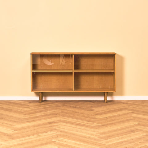 Low Oak Bookshelf with Sliding Glass Doors