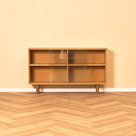 Low Oak Bookshelf with Sliding Glass Doors