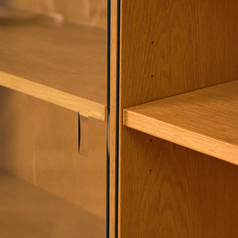 Low Oak Bookshelf with Sliding Glass Doors
