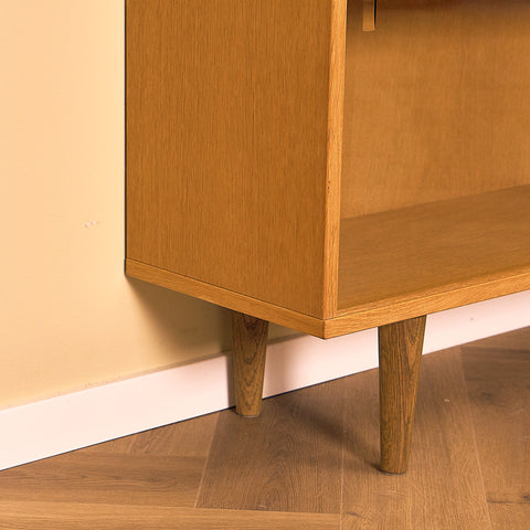 Low Oak Bookshelf with Sliding Glass Doors
