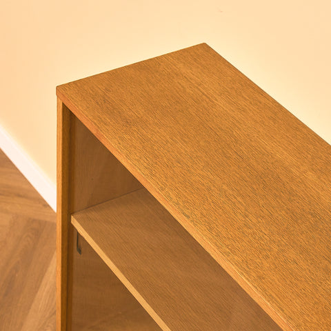 Low Oak Bookshelf with Sliding Glass Doors