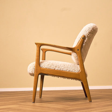 Inge Andersson Domus Oak Armchair with Cream Sheepskin, side view