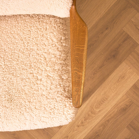 Inge Andersson Domus Oak Armchair with Cream Sheepskin, close-up of the sheepskin and armrest