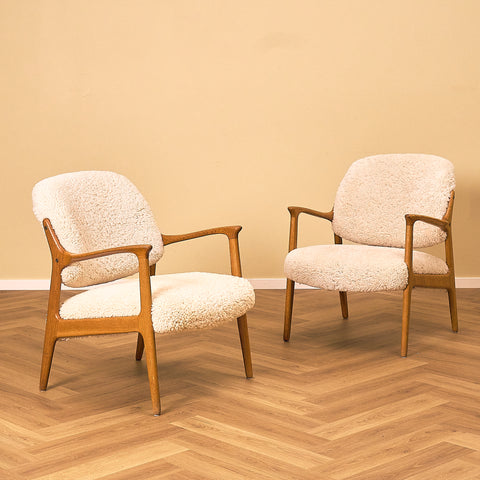 Inge Andersson Domus Oak Armchair with Cream Sheepskin, pair view