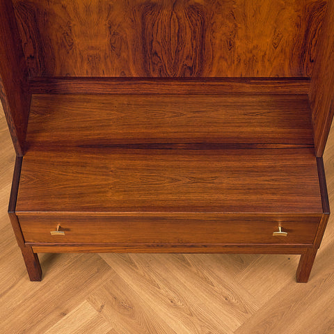 IKEA Excellent Santos Rosewood Bookshelf with Drawer and Brass Handles, close-up of the base and drawer