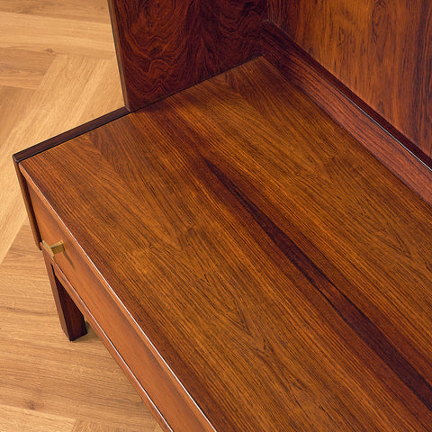 IKEA Excellent Santos Rosewood Bookshelf with Drawer and Brass Handles, top of the base in Santos rosewood