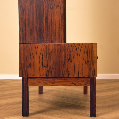 IKEA Excellent Santos Rosewood Bookshelf with Drawer and Brass Handles, close-up of the side in Santos rosewood