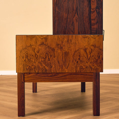 IKEA Excellent Santos Rosewood Bookshelf with Drawer and Brass Handles, close-up of the base side in Santos rosewood