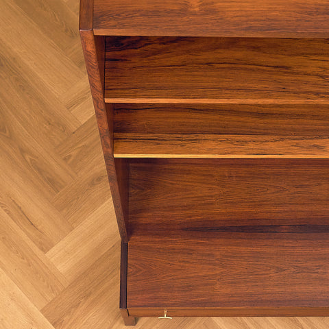 IKEA Excellent Santos Rosewood Bookshelf with Drawer and Brass Handles, three-quarter view of the shelves