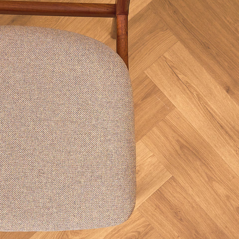 B. Rasmussen Teak Dining Chair with Light Beige Fabric Upholstery, close-up of the seat