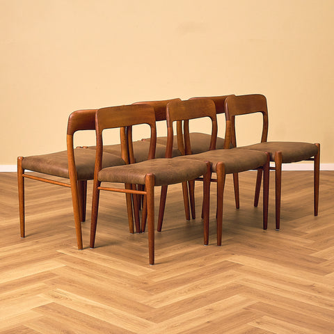 Niels O. Møller Model 75 Teak Dining Chair with Dark Brown Leather Seat, set view