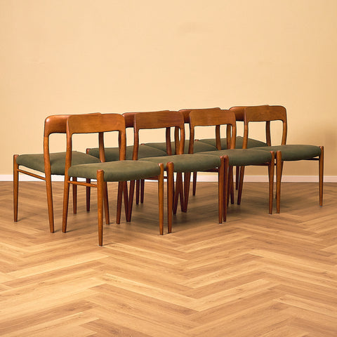 Niels O. Møller Model 75 Teak Dining Chair with Olive Green Leather Seat, set view