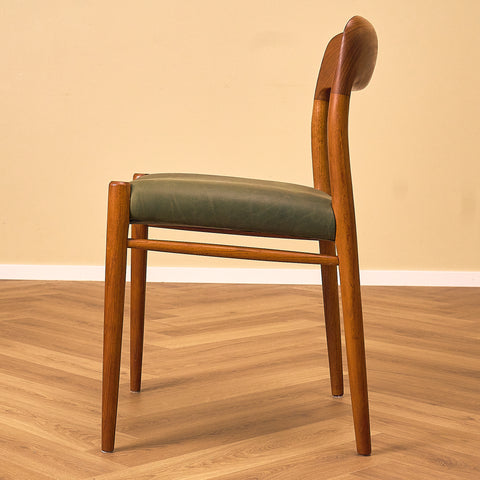 Niels O. Møller Model 75 Teak Dining Chair with Olive Green Leather Seat, side view