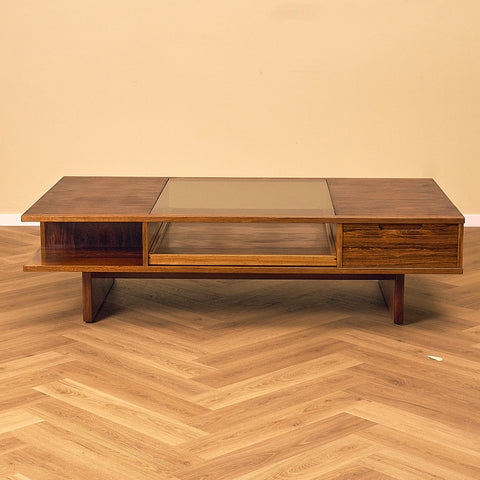 Torbjørn Afdal Santos Rosewood Coffee Table with Glass Display and Drawer, three-quarter view