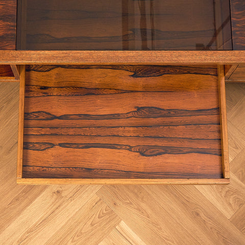 Torbjørn Afdal Santos Rosewood Coffee Table with Glass Display and Drawer, pull-out tray in Santos rosewood