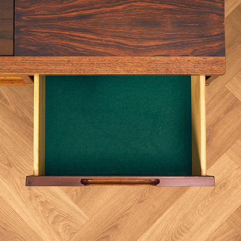 Torbjørn Afdal Santos Rosewood Coffee Table with Glass Display and Drawer, drawer open with green felt lining