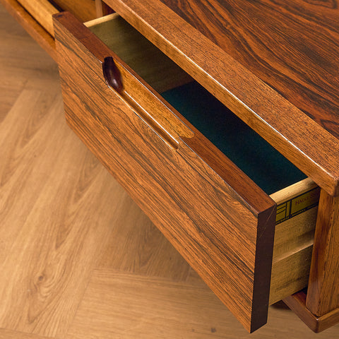 Torbjørn Afdal Santos Rosewood Coffee Table with Glass Display and Drawer, drawer open from the side