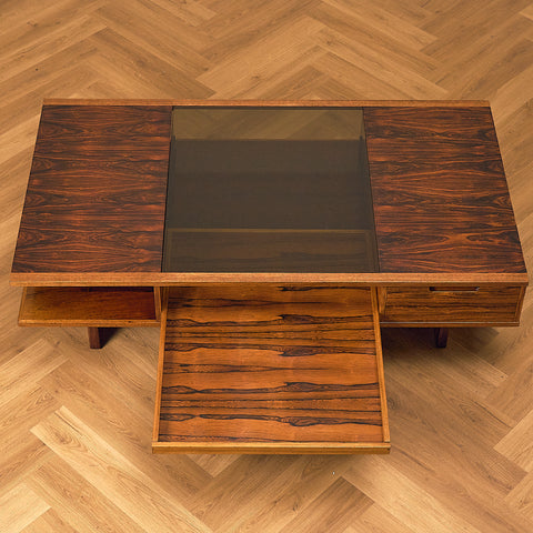 Torbjørn Afdal Santos Rosewood Coffee Table with Glass Display and Drawer, top view with tray pulled out