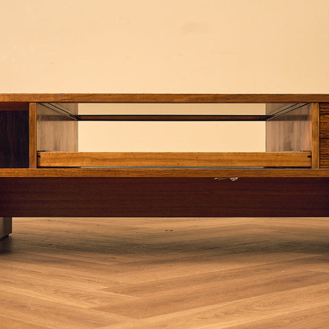 Torbjørn Afdal Santos Rosewood Coffee Table with Glass Display and Drawer, front view of the display compartment