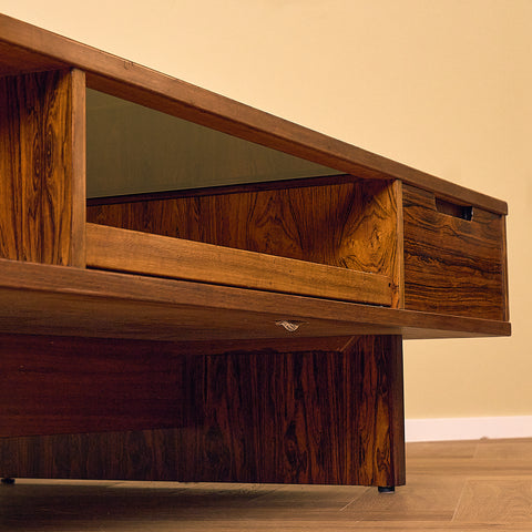 Torbjørn Afdal Santos Rosewood Coffee Table with Glass Display and Drawer, low angle view