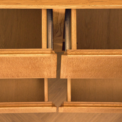 Danish Oak Sideboard with Four Drawers, close-up of the grip edges in oak
