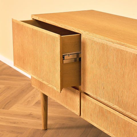 Danish Oak Sideboard with Four Drawers, three-quarter view with the upper drawer open